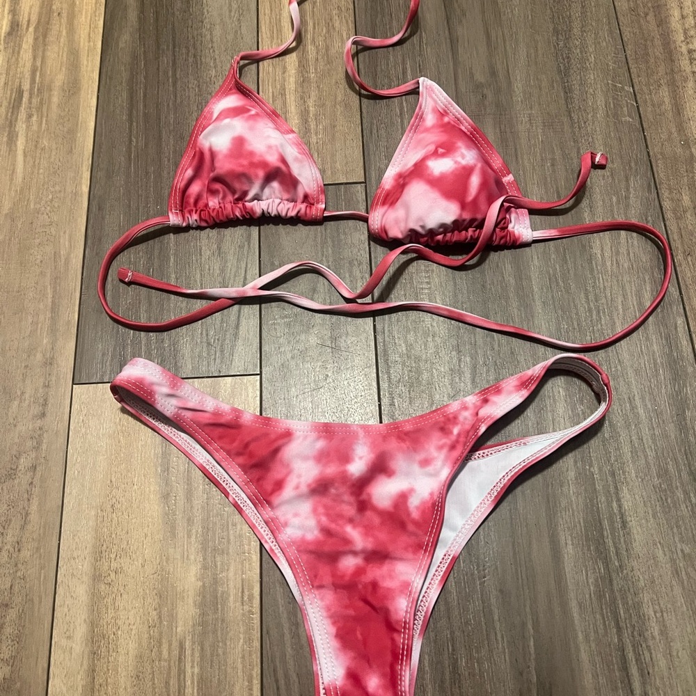 Red and White Tie-Dye Bikini Set